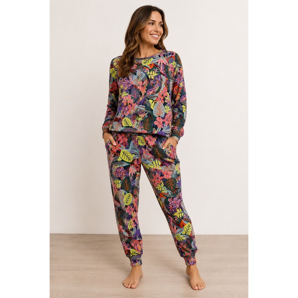 CAbi Tropical Floral Matching Lounge Set L Jogger Pants Sweatshirt Botanical